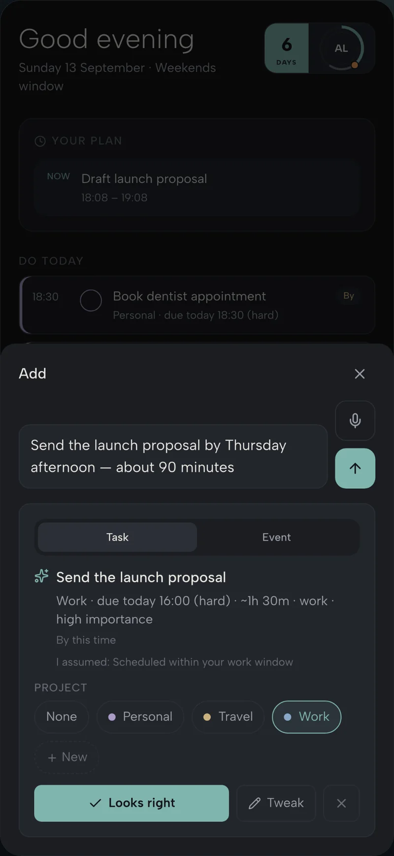 Quick Add structuring a spoken task into a title, deadline and project